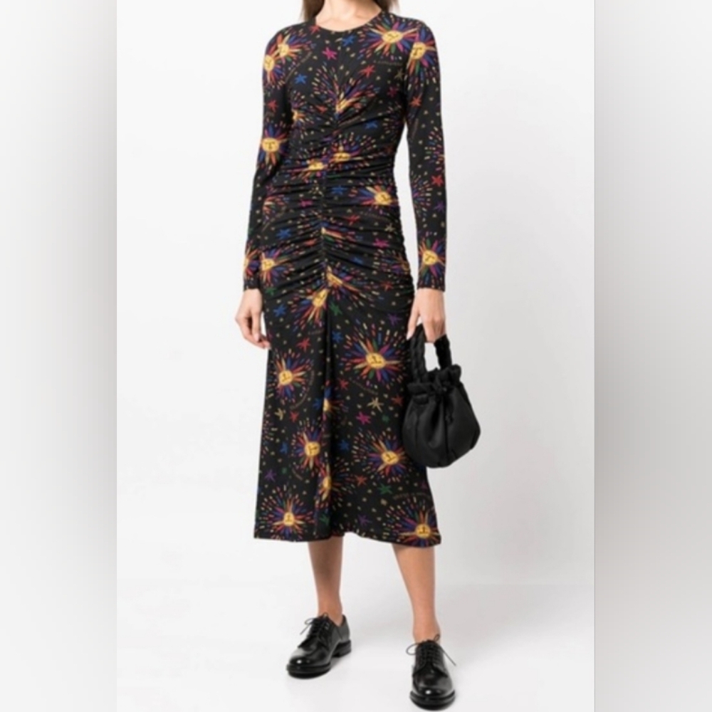 FARM Rio Black Sunburst Ruched Long-Sleeve Midi Dress